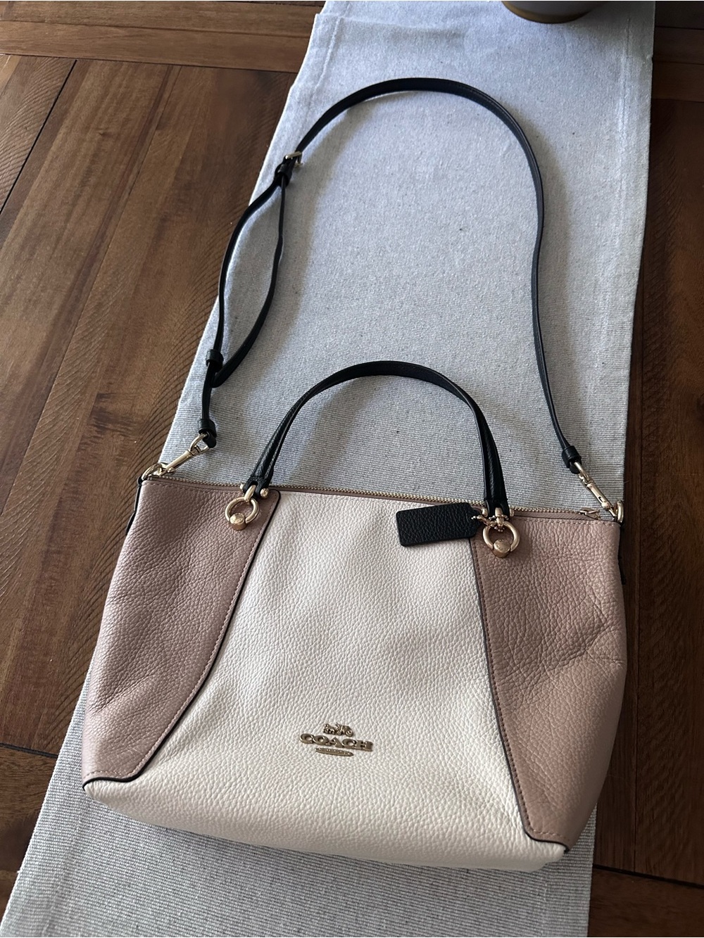 Coach Tricolor Leather Satchel - Tan, Cream & Black Trim - Picture 10 of 12